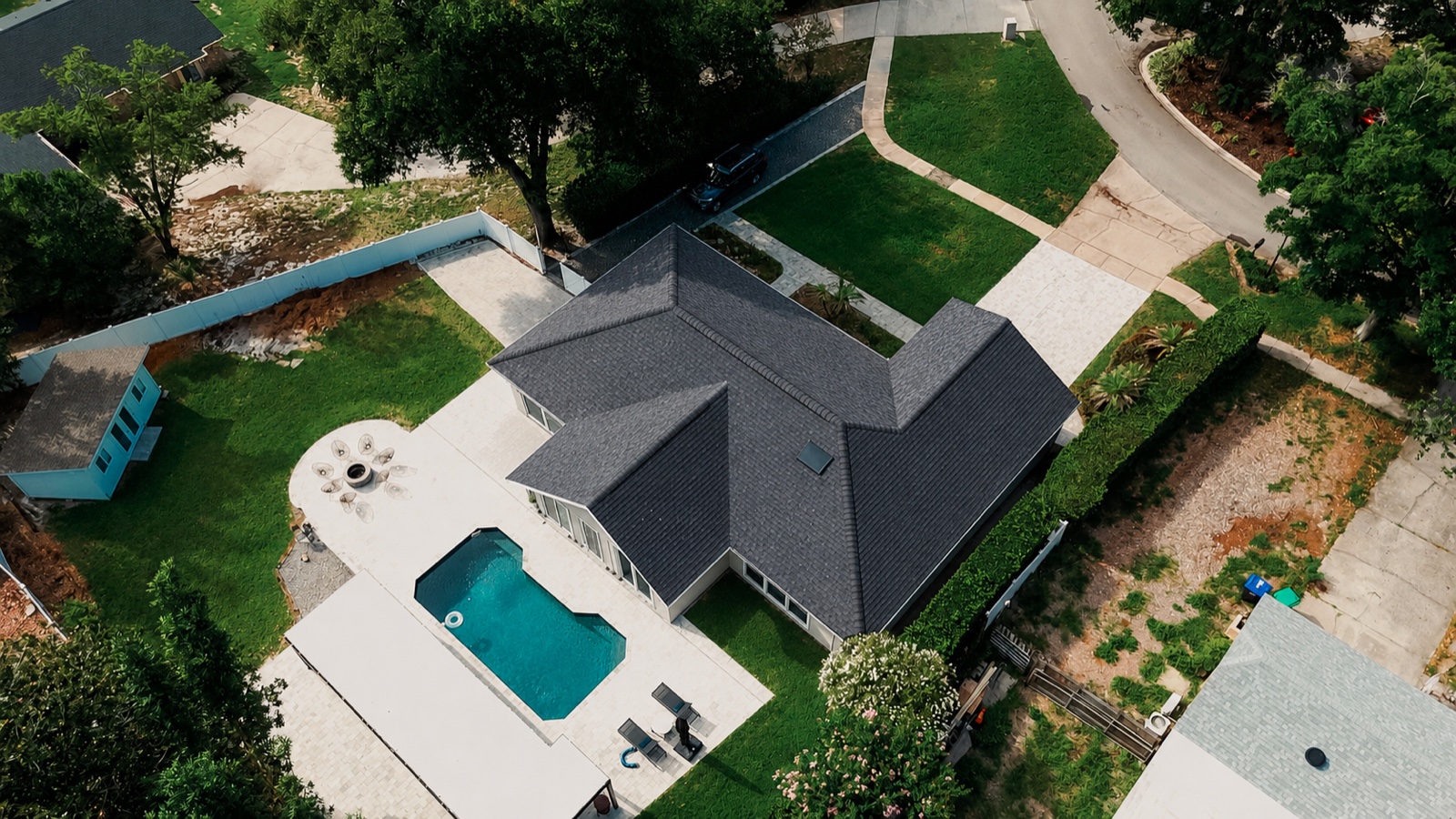 Aerial of new shingle roof installation in Orlando, FL